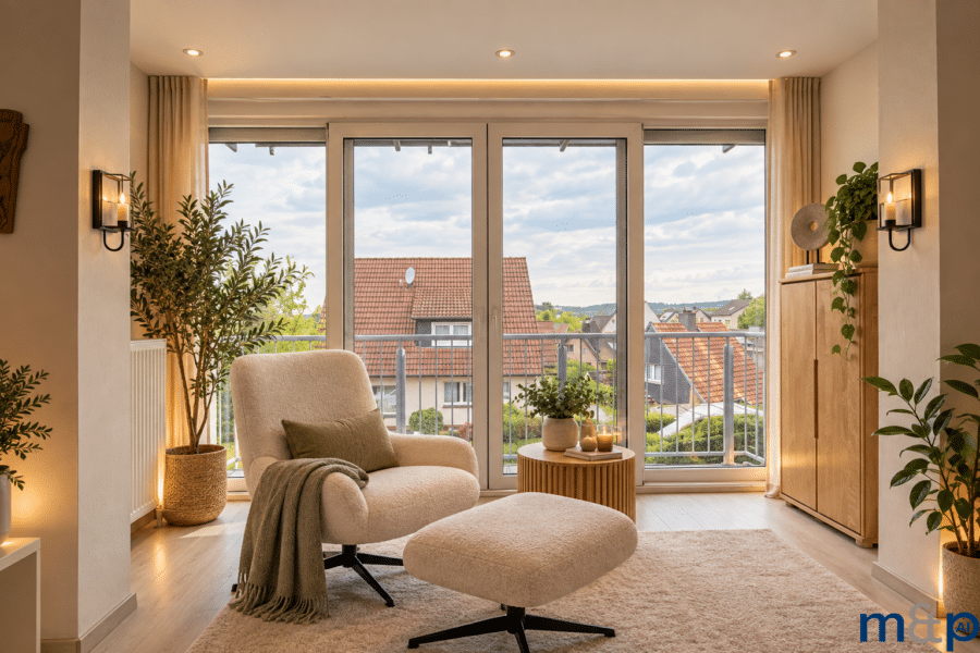 Attraktives Wohnhaus in Alt-Arnsberg – umfassend modernisiert, energieeffizient und sofort nutzbar! - Ausblick Wohnzimmer EG KI generiert