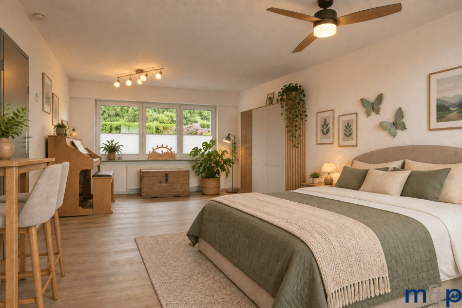 Attraktives Wohnhaus in Alt-Arnsberg – umfassend modernisiert, energieeffizient und sofort nutzbar! - Schlafzimmer OG 2.0 KI generiert